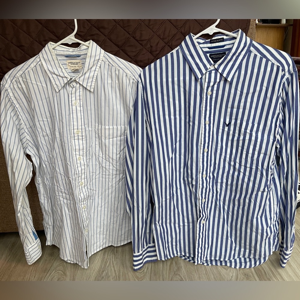 American Eagle stripped button down long sleeve dress shirts, blue and white (2)